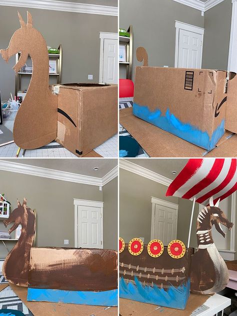 Cardboard Viking Ship Template, Diy Viking Ship Cardboard, Diy Viking Ship, Viking Trunk Or Treat Ideas, Viking Themed Birthday Party, Cardboard Viking Ship, Viking Trunk Or Treat, Viking Party Decorations, Vikings Birthday Party