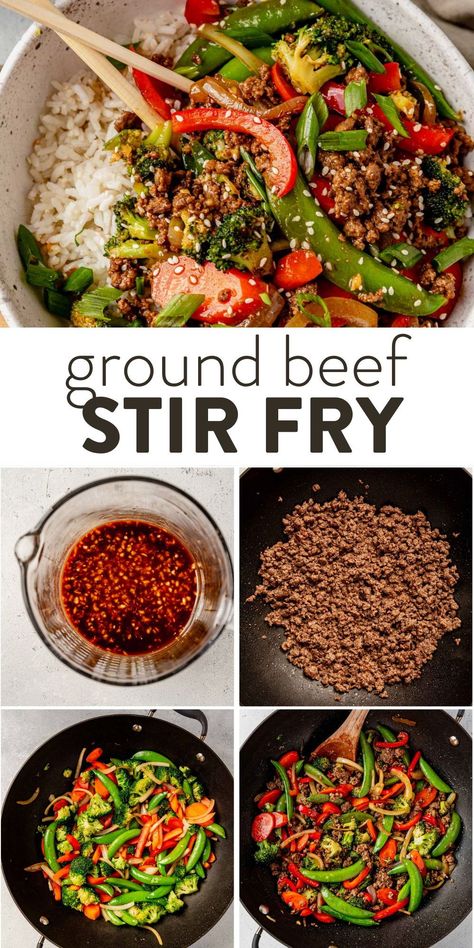 This healthy ground beef stir fry is made with homemade stir fry sauce, lean ground beef, and fresh veggies, all served on a bed of warm rice. It's the perfect weeknight meal the whole family will love. Healthy Stir Fry Meal Prep, Ground Beef And Veggie Stir Fry, Easy Healthy Recipes With Ground Beef, Supper Ideas Healthy Beef, Veggie Meat Meals, Clean Meals With Ground Beef, Teriyaki Ground Beef Stir Fry, Healthy Ground Beef Stir Fry, Healthy Eating Ground Beef