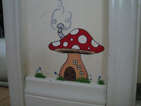 Smurfs in the hallway. Room Door Painting Ideas, Hidden Paintings In House, Easy Wall Painting Ideas Creative, Door Painting Ideas Creative, Room Wall Drawing, Mushroom Mural, Door Painting Ideas Bedroom, Easy Wall Painting Ideas, Simple Wall Paintings