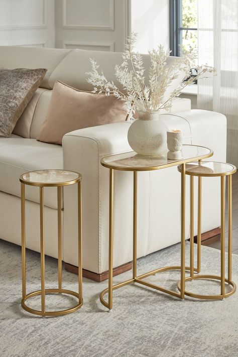 Set of 3 Gold Travertine Effect Nest of Tables White Gold Wood Living Room, Gold And Neutral Living Room, Home Decor Ideas Uk, White Gold Living Room Ideas, Beige And Gold Living Room Ideas, Neutral And Gold Living Room, Gold House Interior, White And Gold Apartment Decor, Living Room Decor Gold Accents