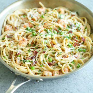 Tater Tot Waffles - Damn Delicious Tater Tot Waffle, Shrimp Carbonara, Bacon Scallops, Juicy Shrimp, Carbonara Recipe, Easter Basket Ideas, Carbonara Pasta, Shrimp Seasoning, Garlic Butter Sauce