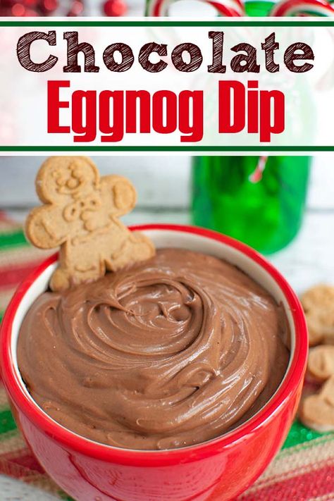 No bake Christmas dessert with eggnog! Make ahead and serve this chocolate eggnog dip at your next holiday party or Christmas potluck. Serve dip with cookies, graham crackers or even fruit. #christmas #eggnog #chocolate #desserts #holidays #dips #nobake #sweets #potluck #partyfood Eggnog Dip, Eggnog Chocolate, Leftover Eggnog, Chocolate Eggnog, No Bake Christmas, Christmas Dip, Christmas Eggnog, Bake Christmas, Hot Chocolate Fudge