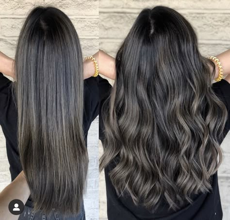 Ash Brown And Black Hair, Chocolate Brown Ash Balayage, Ash Blonde Hair Black Hair, Dark Hair Balayage Straight, Hair Ashy Brown, Mushroom Hair Color, Dark Brown Hair Balayage, Dark Blond, Balayage Straight