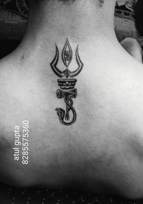 Trishul tattoo Back Trishul Tattoo, Trishul Tattoo On Back Neck, Shiv Neck Tattoo, Shiv Damru Tattoo, Trishul Tattoo Designs On Back, Small Trishul Tattoo Designs For Women, Trishul Back Tattoo, Shiva Tattoo Design For Women, Trishul Tattoo Designs For Women