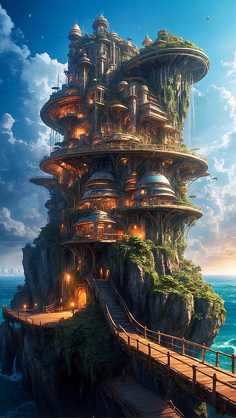 Elven City, Enchanting Places, Jungle Temple, Fantasy Realm, Sci Fi Landscape, Cascade Waterfall, Fantasy Island, Fantasy City, Fantasy Setting