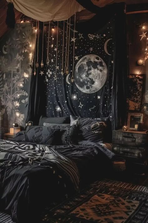 Black Wall Decor Bedroom, Room Ideas Bedroom Black, Gothic Bedroom Decor Ideas, Wizard Bedroom Aesthetic, Red And Black Bedroom Aesthetic, Wednesday Bedroom Ideas, Simple Witchy Bedroom, Girly Goth Bedroom, How To Decorate A Small Room