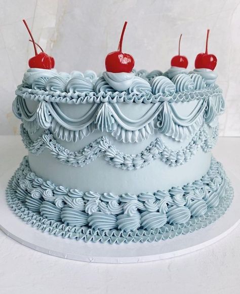 Retro Cakes, Monochromatic Blue, Bolo Vintage, Vintage Birthday Cakes, Cupcake Cake Designs, Pop Of Red, Blue Cakes, Fake Cake, Cake Decorating Designs