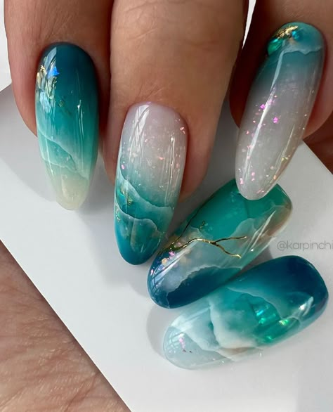 Nail Art Designs Turquoise, Turquoise White Nails, Marble Turquoise Nails, Turquoise And Blue Nails, Jelly Gel Nail Designs, Nose Sketches, Mosaic Nails, Turquoise Nail Designs, Nails Teal