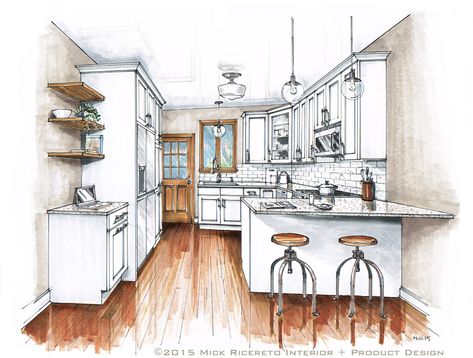 Small Kitchen Rendering by Mick Ricereto Rendering Interior, Kitchen Drawing, Interior Design Renderings, Drawing Interior, Interior Design Drawings, Interior Design Sketch, Interior Design Sketches, Interior Sketch, Interior Illustration