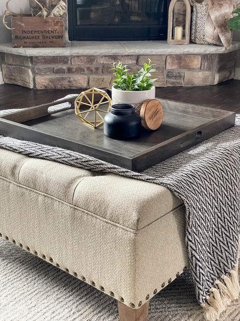 Grey Ottoman With Tray On Top, Ottoman Trays Large, Decor On Ottoman, Serving Tray For Ottoman, Big Tray For Ottoman, Ottoman With Throw Blanket And Tray, Oversized Ottoman Decor, Large Coffee Table Tray, Extra Large Ottoman Tray