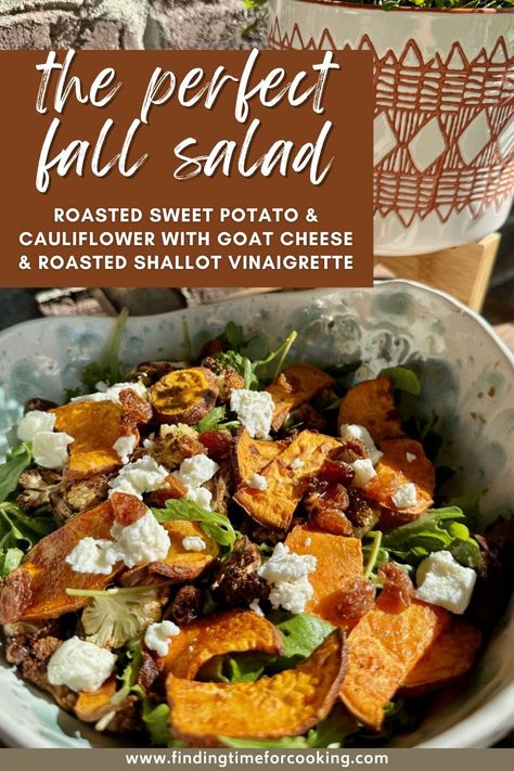 Easy Weeknight Salad: Roasted Sweet Potato & Goat Cheese Salad with Roasted Shallot Vinaigrette | This delicious fall salad has roasted veggies, tangy goat cheese salad, golden raisins, & an easy, mellow roasted shallot vinaigrette to top it off...it's a super easy side dish (or main, with some added protein) that can be whipped up quickly and even mostly made ahead of time! A delicious weeknight side dish or meal. #salad #vegetarian #weeknightdinner Sweet Potato Rounds With Goat Cheese, Weeknight Salad, Arugula Goat Cheese Salad, Sweet Potato Goat Cheese, Sweet Potato Cauliflower, Shallot Vinaigrette, Roasted Shallots, Salad Vegetarian, Fall Salad