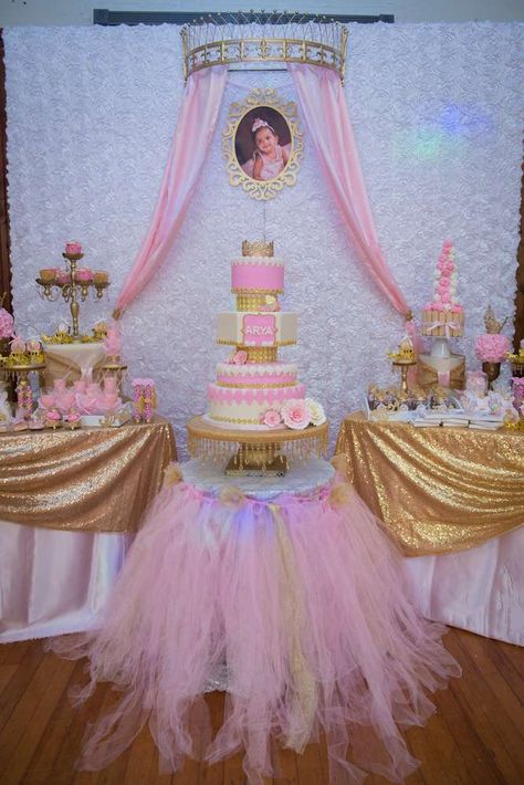 Royal Princess birthday party | CatchMyParty.com Crown Backdrop, Royal Princess Birthday Party, Princess Birthday Party Food, Royal Fiveness, Sleeping Beauty Birthday Party, Royal Princess Birthday, Royal Birthday Party, Princess Birthday Party Decorations, Princess Theme Birthday