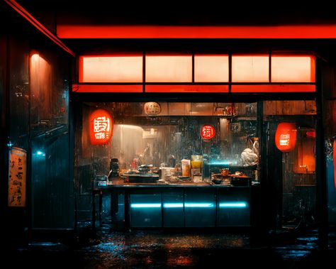 Ramen House Aesthetic, Dystopian Restaurant, Tokyo Ramen Shop, Cyberpunk Noodle Bar, Cyberpunk Ramen Shop, Ramen Place Aesthetic, Ramen Bar Aesthetic, Ramen Shop Wallpaper, Ramen Bar Design