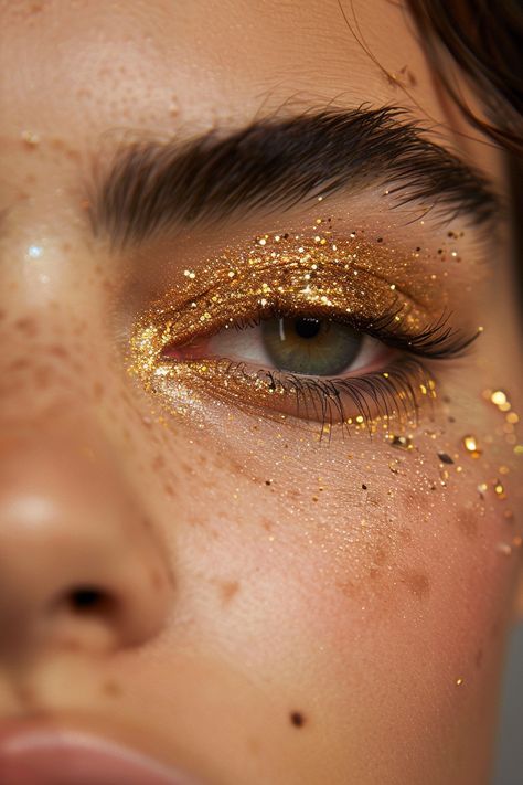 22+ Glamorous Gold Eyeshadow Ideas Editorial Makeup Inspiration, Festive Photoshoot Ideas, Vault Closet, Gold Festival Makeup, Gold Aestethic, Apollo Costume, Makeup Dorado, Gold Body Glitter, Galactic Makeup