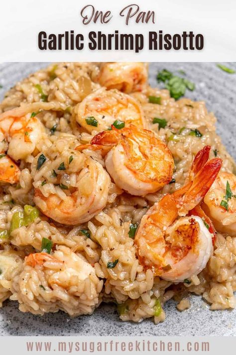 This Garlic Prawn Risotto is rich and creamy AND lower in calories. With tender juicy prawns and perfectly cooked rice that absorbs all the garlicy and savory flavors this is on the table in under 40 minutes. Shrimp Risotto Recipes Easy, Prawns And Rice, Prawn Risotto, Creamy Garlic Prawns, Garlic Prawn, Risotto Recipes Easy, Seafood Dinners, Shrimp Risotto, Seafood Dinner Recipes