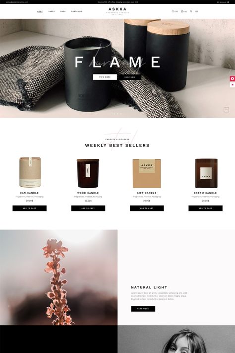 Askka - Candle Shop is a WordPress theme designed specifically for creating an online store for candle shops. It is available on ThemeForest and offers a range of features and customization options tailored to the needs of a candle business. Shopify Candle Website, Candles Website Design, Candle Website Design Inspiration, Candles Marketing, Candle Website Design, Candle Website, Luxury Scents, Custom Car Stickers, Beautiful Website Design