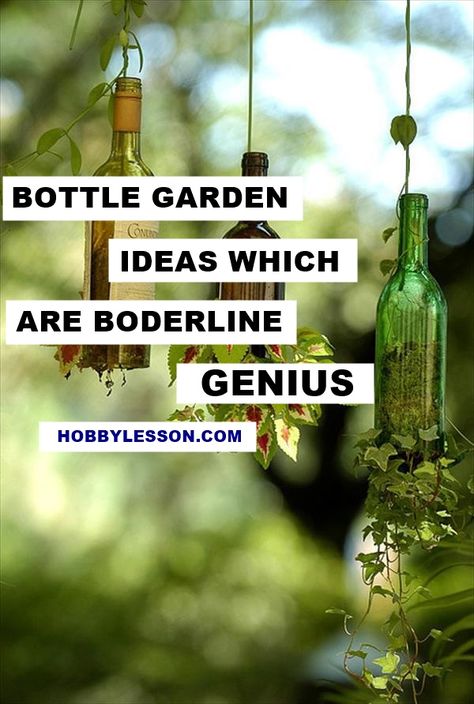 How To Hang Wine Bottles, Bottles In Trees Hanging, Wine Bottle Plants Ideas, Wine Bottle Wall Outdoor, Glass Bottle Planters Diy, Glass Bottle Garden Ideas, Gin Bottles Upcycle, Bottle Trees Ideas Yard Art, Wine Bottle Garden Ideas