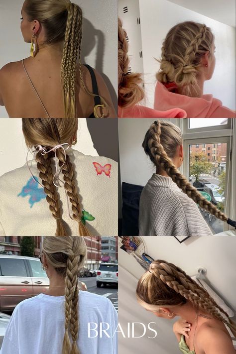 Hairstyle for summer, cute hairstyle idea, braided hair, long hair, bows, french braid, little braids Outfit With French Braids, Cute French Braids For Long Hair, Hairstyle For Cooking, Cute Active Hairstyles Long Hair, Bible Braid Hairstyles, Low Braid Hairstyles, Braided Hairstyles For Round Faces, Braided Hair Updo, Active Hairstyles