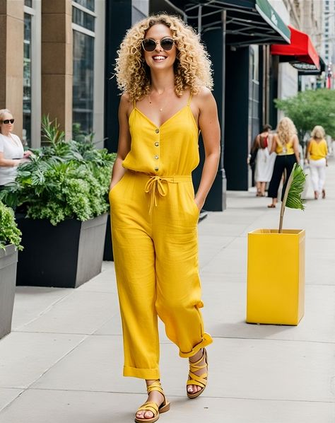 Yellow Summer Jumpsuit That Brings The Sunshine Yellow Floral Sundress, Summer Jumpsuit Casual, Linen Pants Suit, Yellow Jumpsuit, Summer Yellow, Boho Summer Dresses, Yellow Outfit, Boho Chic Outfits, White Chiffon