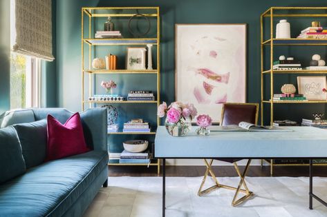 Jewel Tone Office, Office Design Diy, Gold Shelves, Office Colors, Design Del Prodotto, Modern Home Office, Red Walls, Eclectic Design, Eclectic Home