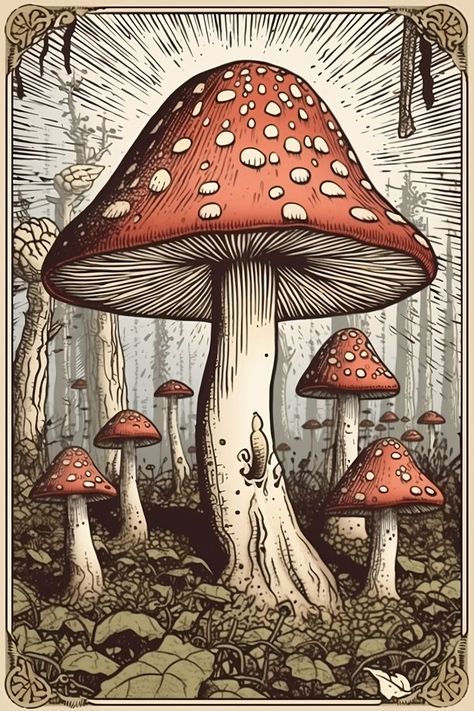 Vintage Mushroom Art, Mushroom Card, Fungi Illustration, Mushroom Poster, Mushroom Paint, Mushroom Wallpaper, Mushroom Pictures, Mushroom Drawing, Mushroom Forest