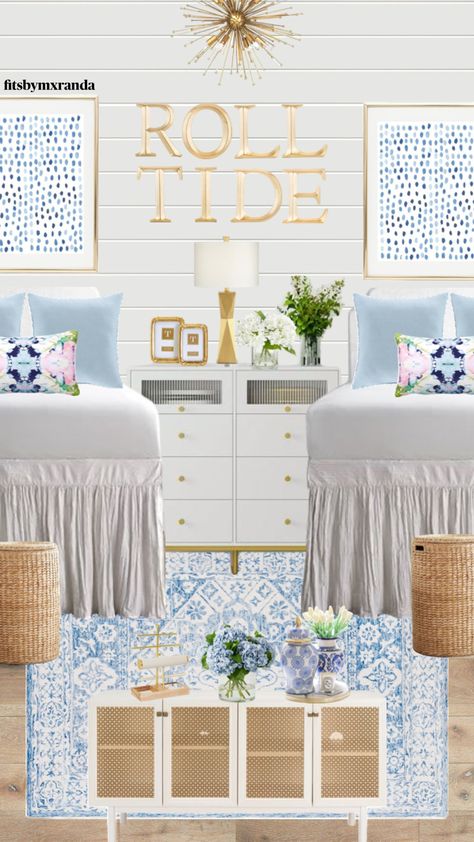 BLUE BAMA DORM INSPO #bama #bamarush #rolltide #dorm #dorminspo #dormroom #dormdecor #college Bama Dorm, Sorority House Rooms, Sorority Room, Beautiful Dorm Room, Blue Dorm, College Dorm Room Inspiration, Preppy Dorm Room, Dream Dorm Room, College House Decor