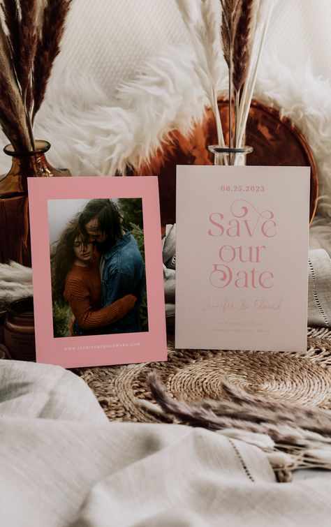 The perfect boho wedding save the date card! Features swirly font that says "save our date." The blush pink background can be changed. Boho Western Save The Dates, Save The Date Outdoor Theme, Copper Save The Date, Taylor Swift Save The Date, Save The Date Rustic Wedding, Bohemian Save The Date, Save The Day Invitation, Terracotta Country Wedding, Western Save The Date Cards