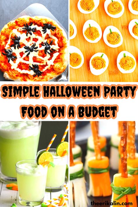 Spooky Halloween party table with simple Halloween party food on a budget and affordable decor. Cheap And Easy Halloween Snacks, Cheap Halloween Party Food, Simple Halloween Food Ideas, Simple Halloween Party Food, Simple Halloween Food, Budget Halloween Party, Halloween Main Dish, Halloween Party On A Budget, Simple Halloween Party