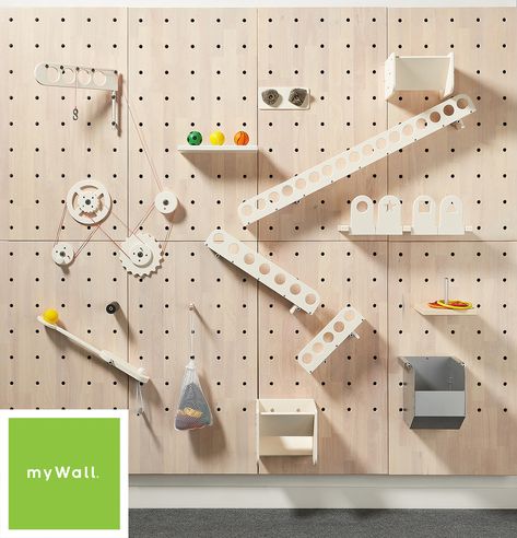 The ultimate in peg wall storage and active play. The myWall system provides a peg wall system that supports wire management behind the walls and includes locking pins. (shelves, pins, toys, many accessories) Perfect for STEM learning as well as active creative play. Peg Board Walls, Wall Toys, Photowall Ideas, Peg Wall, Kindergarten Design, Interactive Walls, Stem Learning, Custom Toys, Salou