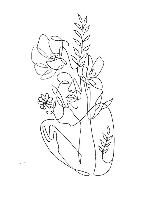 Woman Outline With Flowers Tattoo, Fine Line Woman Face Tattoo, Feminine Plant Tattoo, Floral Lady Head Tattoo, Tattoo Women With Flower Head, Tattoos Faces Minimalist, Blooming Head Tattoo, Mind Flowers Tattoo, Head And Flower Tattoo