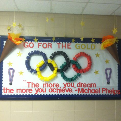 Motivating w/ an Olympic theme. Special Olympics Banner, Go For The Gold Bulletin Board, Summer Olympics Bulletin Board Ideas, Olympic Theme Bulletin Board Ideas, Olympic Bulletin Boards For School, Sports Day Bulletin Board Ideas, Olympic Bulletin Board Ideas, Olympic Bulletin Board, Vbs Olympics