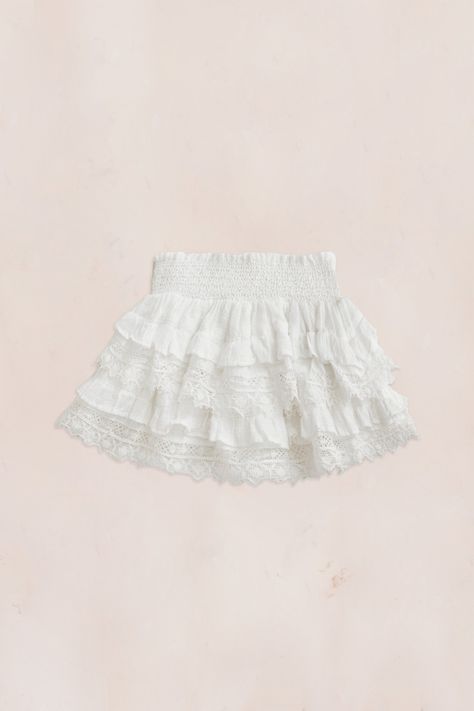 Our Billie Skirt reimagined in windowpane dobby cotton with a tossed large and petite embroidered flower motif and panels of custom lace features an encased elastic waist and two gathered ruffle tiers. Shown here in Antique White. White Preppy Skirt, Whote Skirts, White Love Shack Fancy Skirt, White Skirt Ruffle, Ruffle Skirt White, White Coquette Skirt, Cute White Skirts, Love Shack Fancy Skirts, White Frilly Skirt Outfit