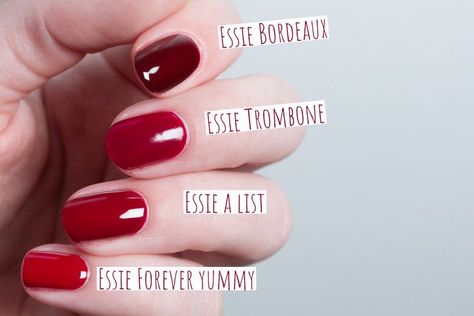 Comparison of Essie trombone to Essie Bordeaux, Essie A list and Essie Forever yummy Essie A List, Essie Swatches, Essie Bordeaux Nails, Essie Bordeaux Polish, Essie Chevron Trend, Essie Forever Yummy, Essie Toy To The World, Essie Red Nail Polish, Essie Licorice