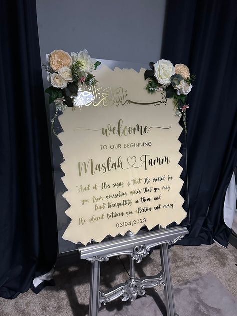 Nikkah Welcome Sign, Simple Nikkah Decor, Nikkah Inspiration, Simple Engagement Party Decorations, Welcome To Our Beginning, Acrylic Wedding Welcome Sign, Nikah Decor, Bride Sign, Engagement Signs