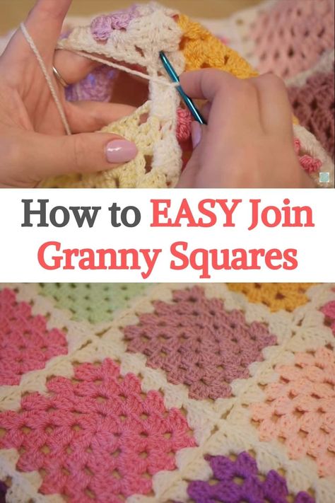 Granny Square Together, How To Crochet Squares Together Blankets, How To Join Crochet Granny Squares Together, Sewing Granny Squares Together Blankets, How To Sew Crochet Granny Squares Together, Granny Square Stitch Together, How To Make A Granny Square Blanket, Crochet Together Granny Squares, Join Granny Squares Crochet Easy