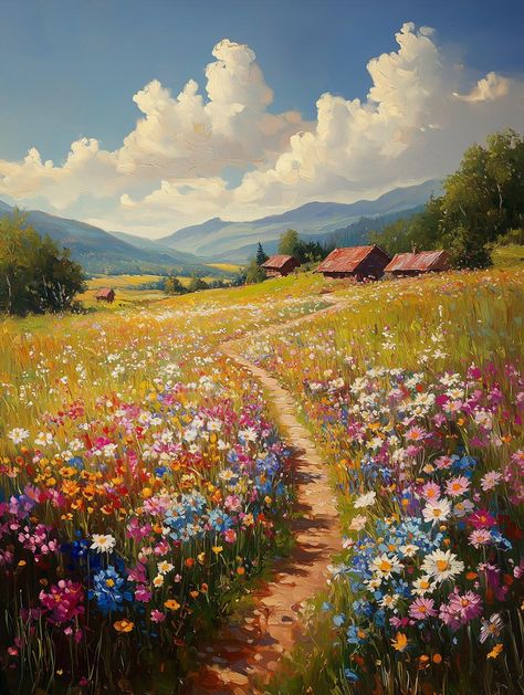 Immerse yourself in the beauty of nature with our enchanting floral landscape artwork, inspired by the Impressionist era. This custom canvas print captures a breathtaking scene where lush wildflowers bloom vibrantly in a golden meadow, leading you on a tranquil path through a picturesque countryside. Painted with a palette of bright blues, soft pinks, and radiant yellows, the artwork evokes the serene feel of a sunny afternoon, inviting warmth and joy into your home. The piece not only showcases the artistry reminiscent of renowned Impressionist painters but also adds a touch of elegance and tranquility to any space. The meticulously crafted textures and vibrant colors are designed to capture attention and draw admiration, making it an ideal focal point for your living room, bedroom, or ev Countryside Paintings Landscapes, Impressionism Art Landscape, Flower Landscape Painting, Landscape Art Abstract, Summer Landscape Painting, Painted Landscapes, Golden Meadow, Meadow Art, Countryside Art