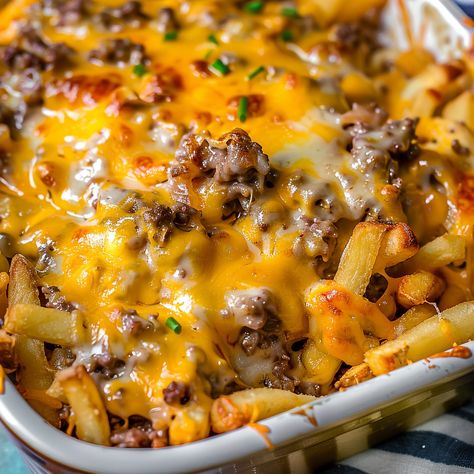 Cheeseburger French Fry Casserole Cheeseburger Casserole With Fries, Ground Beef And French Fries Recipes, Hearty Meals Comfort Foods, Cheeseburger French Fry Casserole, Beef Casseroles Dinners, Fry Casserole, French Fry Casserole, Cheap Casserole Recipes, French Fries Recipe