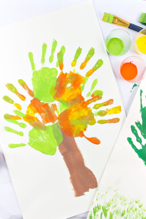 Tree Handprint Earth Day Craft for Kids • Kids Activities Blog Handprint Trees Preschool, Nature Crafts For Preschoolers, Art And Nature For Kids, Tree Day Activities For Kids, Family Tree Craft For Kids, Tree Activities For Preschool, Tree Crafts For Toddlers, Handprint Earth, Tree Handprint Craft