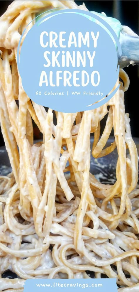 You can enjoy alfredo while still staying on track with eating a healthier diet too! This skinny alfredo only has 62 calories a serving and is still incredibly rich, creamy, and buttery. Pair with your favorite pasta for an amazing meal that's flavorful and simple! Low Calorie Alfredo Sauce Recipe, Easy Healthy Alfredo Sauce Recipe, Low Calorie High Protein Alfredo Sauce, Chicken Alfredo Pasta Low Calorie, Healthy Alfredo Pasta Recipes Low Carb, Healthy Alfredo Sauce Recipe Easy, Low Calorie Fettucini Alfredo Sauce, Healthy Chicken Alfredo Recipe Low Carb, Skinnytaste Alfredo Sauce