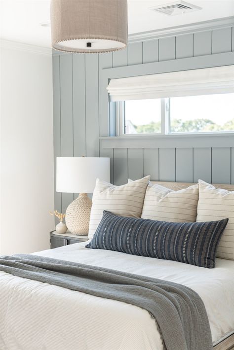 New Seabury-Gina Baran Interiors + Design | Transforming The Way You Live Costal Cottage House Interior, Coastal Colour Palette, Bed Romance, Modern Coastal Bedroom Ideas, Lake Bedroom, Costal Bedroom, Diy Headboard Ideas, Wall Moulding, French Modern