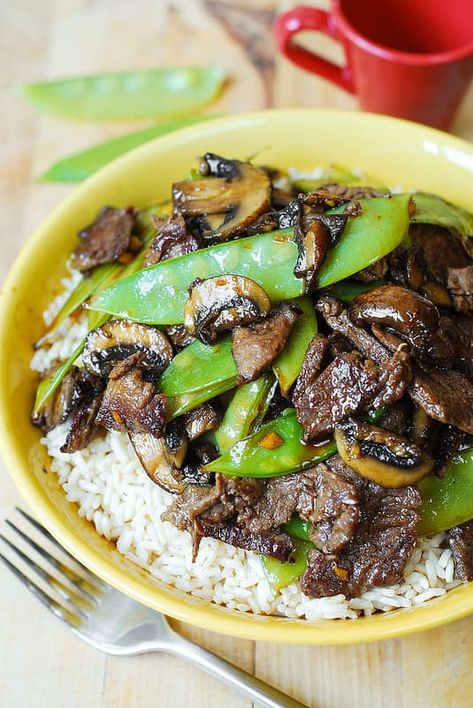 Asian Beef with Mushrooms and Snow Peas - Julia's Album Homemade Asian Sauce, Beef With Mushroom, Asian Beef, Mapo Tofu, Stir Fry Dishes, Asian Sauce, Fried Beef, Snow Peas, Asian Cooking