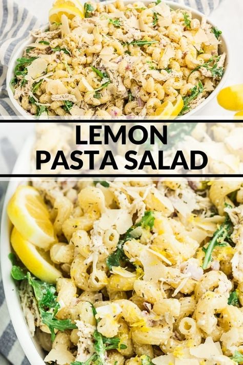 This summery pasta salad includes a creamy lemon dressing, shredded chicken, arugula, and red onion. It's the perfect light entree or BBQ side dish! Pasta Salad Lemon Dressing, Creamy Lemon Pasta Salad, Lemon Pepper Pasta Salad, Lemon Pasta Salad Recipes, Creamy Pasta Salad Recipes, Lemon Chicken Pasta Salad, Pasta Salad Lemon, Grilled Chicken Side Dishes, Bbq Chicken Side Dishes