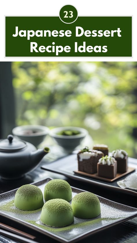 Assorted Japanese desserts including matcha-flavored treats and mochi, presented on elegant dishes. Matcha Dessert Japanese Sweets, Japanese Matcha Cake, Japanese Sweet Recipes, Easy Japanese Dessert Recipe, Plated Dessert Ideas, Japanese Sweets Aesthetic, Japanese Sweets Recipe, Taro Cheesecake, Japanese Sponge Cake