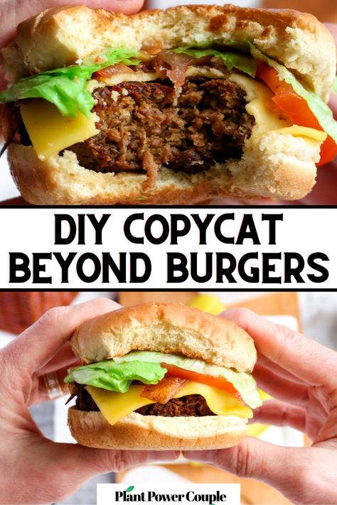 Two hands holding a cheeseburger with a bite taken out of it and text reading: DIY copycat beyond burgers Soy Burger Recipe, Plant Based Burgers Recipes, Vegan Tofu Burger, Vegan Burgers Recipes Plant Based, Vegan Taco Ideas, Vegan Game Day Food, Vegan Burgers Recipes, Meat Burger Recipe, Tvp Burger