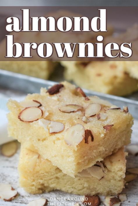 These Almond Brownies are soft, buttery and oh so delicious! Made in just one bowl, these are quick to make and are perfect for an after school snack, bake sale, or easy dessert!  #Almond #Brownies #SlicedAlmonds Almond Brownies, Almond Torte, Almond Paste Recipes, Dance Around The Kitchen, Almond Desserts, Almond Cookies, Coconut Lime, Quick Desserts, Eclairs