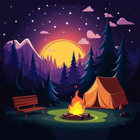 ✅ This image depicts a peaceful and enchanting nighttime camping scene in a serene forest environment. The central focus is a cozy camping tent set up next to a roaring campfire, casting a warm, orange glow across the surrounding landscape. In the background, a majestic sun is setting behind a silhouetted forest of tall pine trees, creating a serene and tranquil atmosphere. The sky is filled with a myriad of stars, adding to the sense of wonder and connection with nature. The campsite is well... Forest Camping Drawing, Cozy Camping Tent, Camping Background, Tent Illustration, Campfire Drawing, Basic Drawing For Kids, Camping Illustration, Tall Pine Trees, Forest Environment