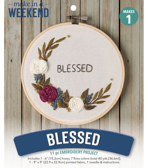 Leisure Arts Kit Embroidery Make In A Weekend 6" Blessed Floral - Customize you home decor with this hoop art kit Design features a swag of flowers in a crescent shape The roses are accented with French knots and a caption of blessed Contains: 6" embroidery hoop, 7 floss colors, 9"x 9" pre - printed fabric, needle, and easy - to - follow instructions Colors and contents may vary6"Design features a swag of flowers in a crescent shapeThe roses are accented with French knots and a caption of blesse Beginner Embroidery Kit, Wooden Embroidery Hoops, Crescent Shape, Learn Embroidery, Textile Crafts, French Knots, Leisure Arts, Jewelry Kits, Embroidery Kit