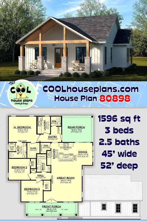 This quaint country home plan offers a little bit of everything in a reasonable square footage. With 3 bedrooms and 2.5 baths, this house plan also has large front and rear porches. The open floor plan is great for entertaining, especially in a kitchen, which is equipped with an eat at bar and walk-in-pantry. The bedrooms are convienently close but just far enough for some privacy. This home plan is reasonably narrow and will fit many different lot configurations. Small Country House Plans, Small Country House, Small Country Homes, Small Cottage House Plans, Barn Style House Plans, Small House Floor Plans, Building Plans House, Farmhouse Style House Plans, Cottage Plan