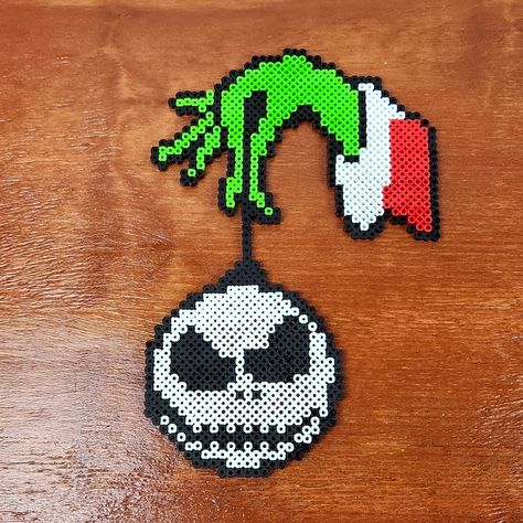 The Grinch & Nbc Jack Skellington Christmas Perler Bead Pixel Art Collectible Measures Approx. 10.5" High 7" Wide Handmade Perler Art Designed Entirely Out Of Perler Beads This Is A Unique Handmade Item These Make Great Gifts, Collectibles, Wall Art Etc. Check Out Our Other Items To Make Bundles. If You Like Any Items, I Will Send An Offer To You, Including The Seller Discount Of 10% Off 2 Or More Items Ships Same Or Next Day! Thank You! Thank You! Jack Skellington Perler Bead Pattern, Iron Man Perler Bead Pattern, Grinch Pearl Beads, Perler Bead Hanging, Wrestling Perler Bead Patterns, Grinch Fuse Beads, Nightmare Before Christmas Melty Beads, Pearl Or Bead Patterns, Cookie Monster Perler Beads