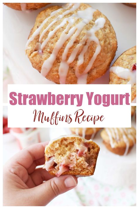 Strawberry Yogurt Muffins (Super Moist). These muffins are super moist and are made with traditional yogurt and freshly chopped strawberries. They make a perfectly portable breakfast for on the go. If you are looking for a breakfast muffin that's ideal for the warmer months, this is for you! These are made with strawberry yogurt making them "berrylicious". Plus, they're freezer-friendly. #strawberrymuffins #strawberryyogurtmuffins #yogurtmuffins via @muffintinrecipes Strawberry Yogurt Recipes, Breakfast For On The Go, Strawberry Yogurt Muffins, Yogurt Making, Strawberry Muffin Recipes, Portable Breakfast, Greek Yogurt Muffins, Almond Flour Muffins, Breakfast Muffin